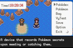 The pause menu open over an in-game clock reading 18:28:34, with Pokédex, Pokémon, Bag, VyTest, Save, Option and Exit listed