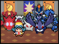 The player standing before four legendary Pokémon (Ho-Oh, Lugia, Groudon and Kyogre) in a shrine room