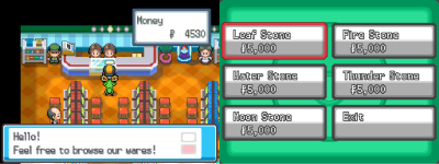 A Poké Mart evolution-stone shelf: Leaf, Fire, Water, Thunder and Moon Stones at 5,000 each