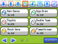 A move relearner menu listing Rain Dance, Giga Drain, Psychic, Double Team, Shock Wave and Flamethrower