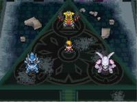 The player facing three creatures (a blue serpent, a pink rabbit-like Pokémon and a masked figure) atop a dark triangular platform