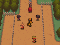 Trainers and townsfolk gathered on a dirt path lined with hedges and trees