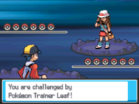 'You are challenged by Pokémon Trainer Leaf!' in a rocky, water-lit battle arena
