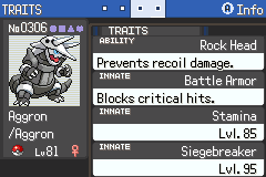Aggron's summary screen, showing its ability and three innates