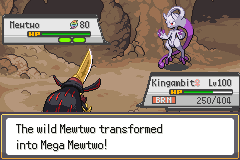 A wild Mewtwo Mega Evolving mid-battle against Kingambit
