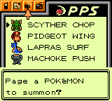 A PPS menu listing four Pokémon for field moves — Scyther Chop, Pidgeot Wing, Lapras Surf and Machoke Push — under the prompt Page a Pokémon to summon?