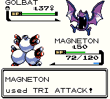 A battle between a level 37 Golbat and a level 50 Magneton, as the text reads MAGNETON used TRI ATTACK!
