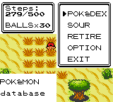 A Safari Zone menu with 279 of 500 steps and 30 Balls remaining, showing the options Pokédex, Sour, Retire, Option and Exit