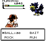 A wild level 24 Murkrow encountered in battle, with the catch menu open showing Ball x30, Bait, Rock and Run