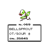 A Pokémon info card for a Bellsprout, numbered 069, with its OT listed as SOUR and ID number 35845