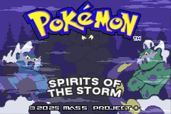 The title screen: the Pokémon Spirits of the Storm logo over a nighttime mountain scene with three creature silhouettes, crediting 2025 Mass Project+