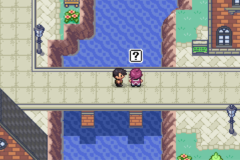 Two characters standing on a bridge over water, with a speech bubble showing a question mark above them