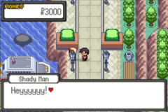 A Shady Man standing on a street corner near a shop, saying Heyyyyyy! with the player's money shown as 3000