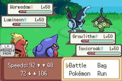 A double battle between Wormadan and Lumineon against Growlithe and Toxicroak, all level 50, with a Speeds panel comparing 92 to 48 and 72 to 106