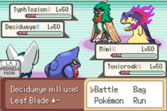 A double battle with Decidueye about to use Leaf Blade, facing Mini and a level 50 Toxicroak