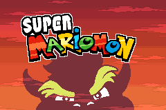 The Super Mariomon title logo over a red sky, with Bowser's face looming below it