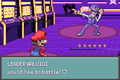 Leader Waluigi striking a pose in his purple casino as he challenges Mario