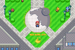 Mario standing on the globe fountain in the New Donk City plaza
