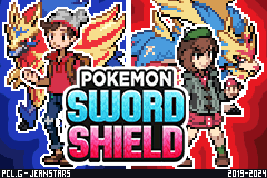 Title screen: the Sword and Shield logo between the two player characters, on red and blue halves