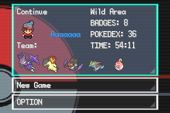 The Continue screen, showing a save in the Wild Area with eight badges and the party's sprites