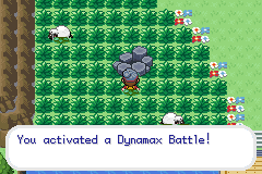 A stone den in tall grass surrounded by Wooloo, with the message that a Dynamax Battle has started