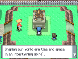 Two rivals and the player standing before a stone shrine topped with a golden dragon statue, as the text reads Shaping our world are time and space in an intertwining spiral.
