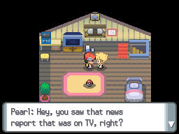 Pearl greeting the player inside a house, saying Hey, you saw that news report that was on TV, right?