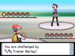 A battle beginning against Trainer Marley, both sides with a full team of six Pokémon