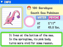 A Pokédex info page for Gorebyss, the South Sea Pokémon, typed Water and Psychic, with its height, weight and dex entry shown