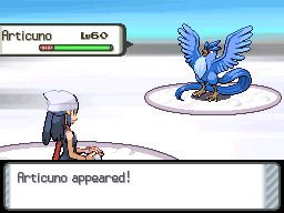 A battle against a wild level 60 Articuno, its health bar full as it appears above the arena