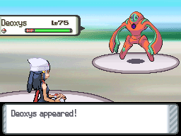 A battle against a wild level 75 Deoxys, its health bar full as it appears above the arena