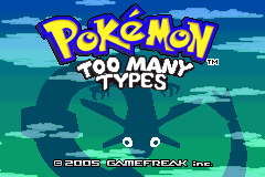 Title screen: the Pokémon Too Many Types logo in gold and white over a dark silhouette with wide outstretched arms, on a pale teal sky