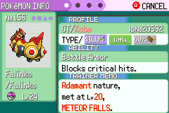Falinks' summary screen, showing three type chips — Silly, Little and Guys — the ability Battle Armor, and a note that it was met at level 20 in Meteor Falls