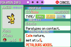 Pichu's summary screen, showing three type chips — Little, Electric and Baby — the ability Static, and a note that it was met at level 5 in Petalburg Woods
