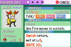 Braixen's summary screen, showing three type chips — Fire, Magic and Furry — the ability Blaze, and a note that it was met at level 5 on Route 101