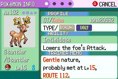 Stantler's summary screen, showing two type chips reading Boring and Ugly, the ability Intimidate, and a note that it was probably met at level 15 on Route 112