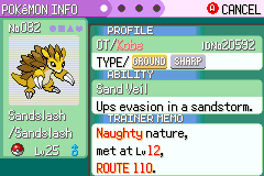 Sandslash's summary screen, showing two type chips reading Ground and Sharp, the ability Sand Veil, and a note that it was met at level 12 on Route 110