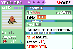 Diglett's summary screen, showing a single type chip reading Smash, the ability Sand Veil, and a note that it was met at level 15 in Stinky Path