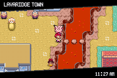 Lavaridge Town's red-brown cliffs and steaming hot spring, with a Chansey and its trainer on the path