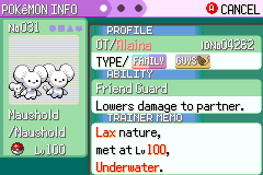 Maushold's summary screen: two type chips reading Family and Guys, the ability Friend Guard, met at level 100 underwater