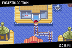 Pacifidlog Town's floating boardwalks and huts, the player standing before the Pokémon Center door