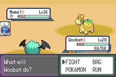 A battle screen: a small green and yellow Pokémon at level 16 facing a dark winged Woobat at level 20, with the Fight, Bag, Pokémon and Run menu open