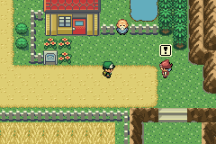 A town in summer: a red-roofed building beside a pond, flower beds and a fence, with two other characters standing near the player on the grass