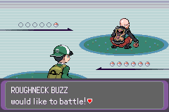 The start of a trainer battle on a green field: six empty Poké Ball markers on each side and a stocky opponent stepping forward, with the text "ROUGHNECK BUZZ would like to battle!"