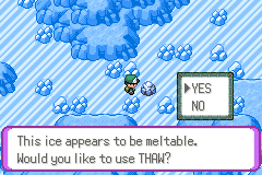 A blue ice cave with a yes-or-no box open; the text reads "This ice appears to be meltable. Would you like to use THAW?"