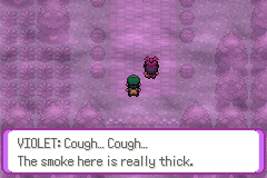 Two characters in a smoky pink haze; the text box reads "VIOLET: Cough... Cough... The smoke here is really thick."