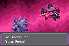 A battle in a red and pink haze: a dark winged Emboar facing a purple crystal Pokémon, with the text "Foe Emboar used Arcane Force!"