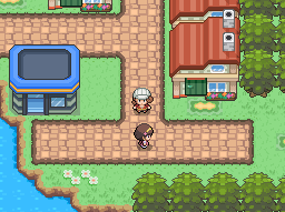 The player standing outside a blue-roofed building beside a red house with garden hedges