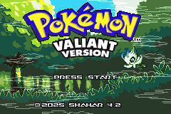 Title screen: the Pokémon logo over “Valiant Version”, with Celebi beside a pond and “Press Start” below