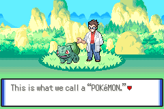 A man in a lab coat standing over a Bulbasaur in a grassy clearing, with the line “This is what we call a Pokémon”